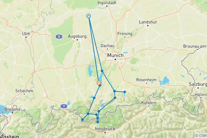 Karte von Bayerische Seenrunde - Gemütlich zu den Münchner Seen (8 Tage)