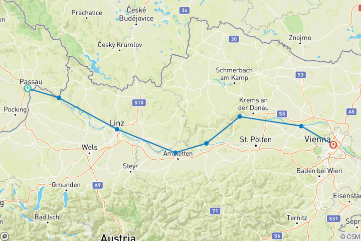 Karte von Donau-Radweg - Gemütlich von Passau nach Wien 12 Tage (12 Tage)