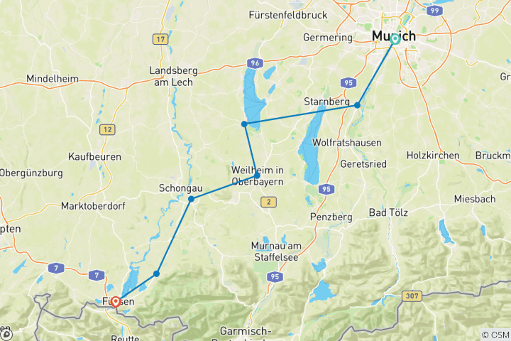 Carte du circuit Chemin de Saint-Jacques de Bavière - de Munich à Füssen (8 jours)