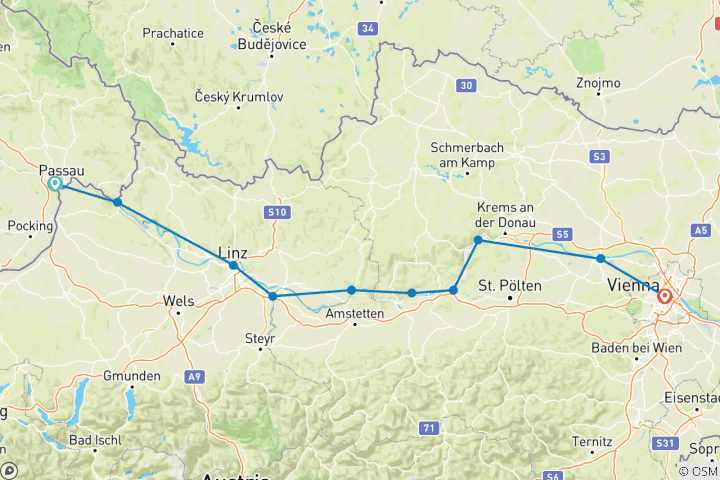 Map of Danube Cycle Route Bummlertour - Leisurely from Passau to Vienna (10 days)