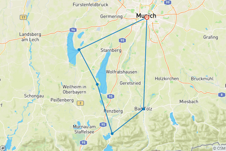 Map of Munich lake diversity - Ammersee, Starnberger See and Kochelsee (8 Days)