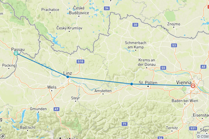 Karte von Donau-Radweg: Sportlich von Passau nach Wien 5 Tage (5 Tage)