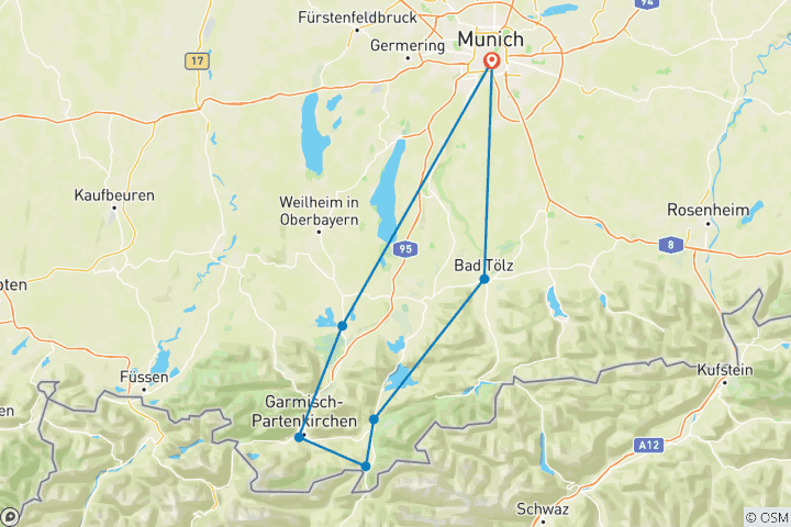 Map of Munich Lakes Tour - 7 Days Isar Cycle Route and Bavarian Lakes (7 Days)