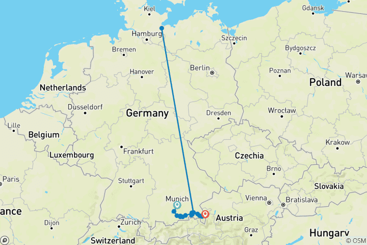 Karte von München - Salzburg: Isar, Mozart, Berge & Seen (8 Tage)
