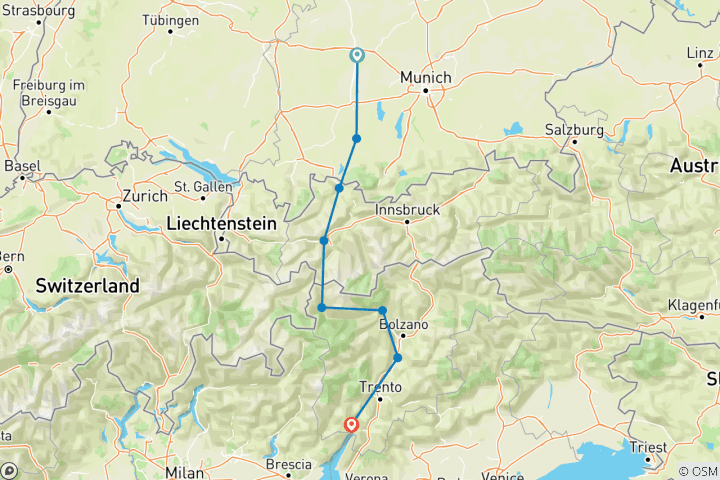 Kaart van Via Claudia Augusta - van Augsburg naar Riva del Garda sportief (9 dagen)