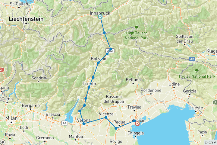 Carte du circuit Innsbruck-Venise : du « Goldenes Dachl » à la mer, 10 jours