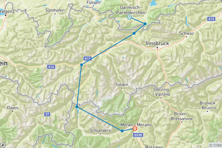 Kaart van Van Garmisch naar Merano met charme - Alpenoversteek light (8 dagen)