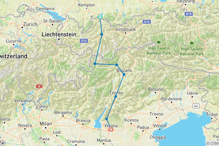 Mapa de Vía Claudia Augusta de Füssen a Verona - clásica (9 días)