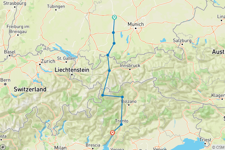 Kaart van Via Claudia Augusta - van Augsburg naar Riva del Garda klassieker (11 dagen)