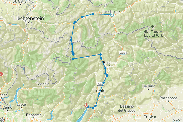 Mapa de Innsbruck - Lago de Garda Fruta y vino en el carril bici del Adigio (8 días)