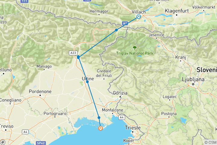 Kaart van Alpe-Adria-fietsroute II Villach - Triëst 7 dagen