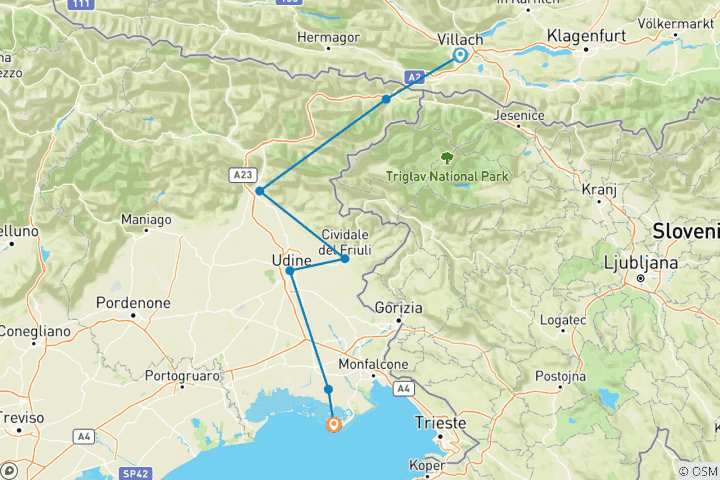 Karte von Alpe-Adria-Radweg II Villach-Grado 6 Tage