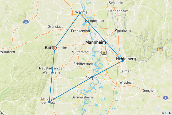 Carte du circuit Rhin et vignobles de charme - Romantisme viticole du Palatinat et patrimoine historique (7 jours)