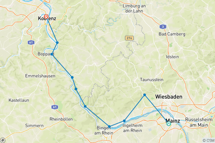 Carte du circuit Rheinsteig : Mayence - Coblence (11 jours)