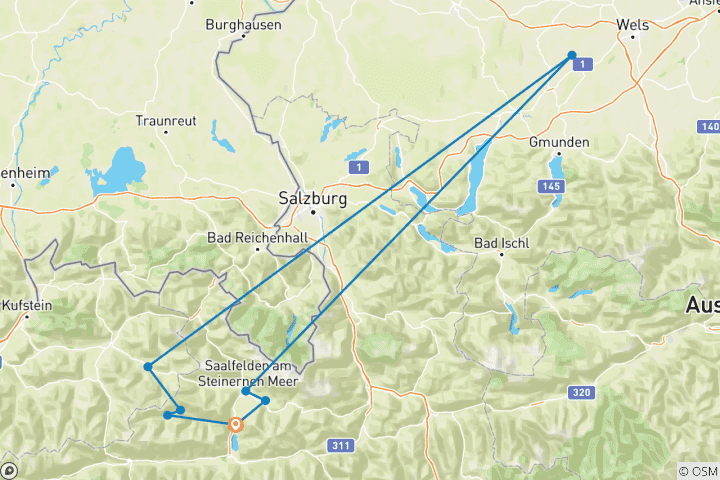 Carte du circuit Sommets de Salzbourg & Alpes de Kitzbühel - 8 jours de randonnée en altitude dans le Pinzgau et la vallée de Pillersee (8 jours)