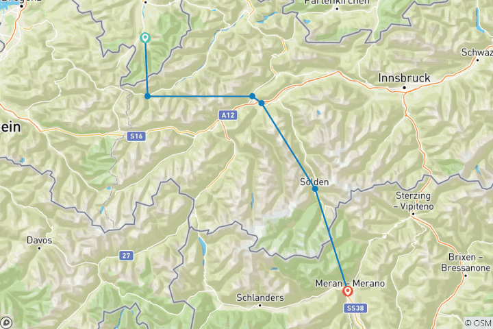 Carte du circuit Traversée des Alpes Oberstdorf - Merano avec le confort d'un hôtel individuel (7 jours)