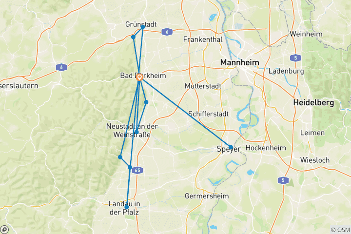 Karte von Pfälzer Weinsternfahrt: Gemütlich durch Weinreben und die Rheinebene (7 Tage)