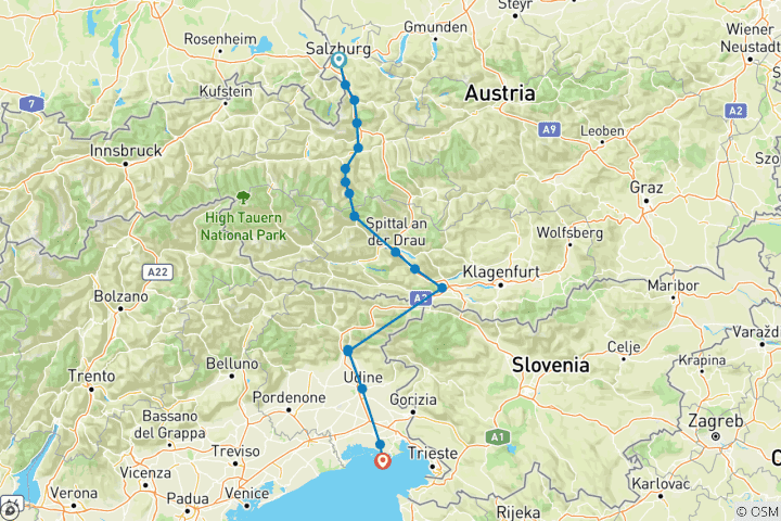 Carte du circuit Piste cyclable Alpe-Adria Salzbourg-Grado, 10 jours