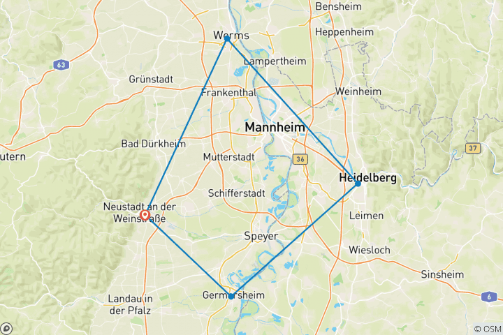 Map of Romantic Rhine - Speyer, Heidelberg, Worms (7 days)