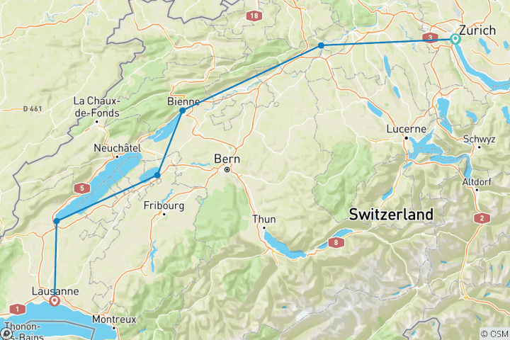 Map of Mittelland Route: Aare, Three Lakes & Lake Geneva 7 Days (7 Days)