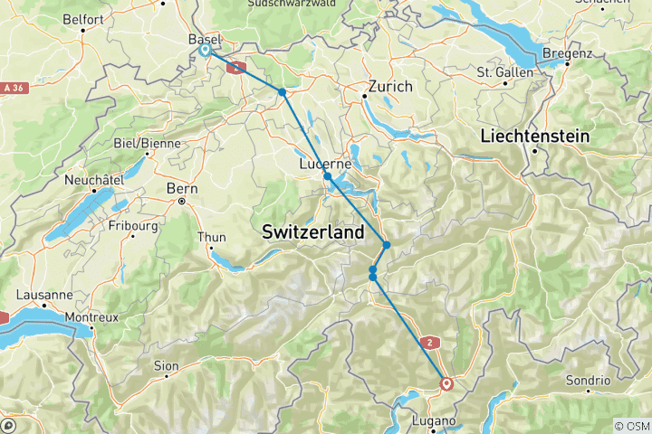 Karte von Alpenüberquerung entlang der Nord-Süd Route: Basel - Lugano (8 Tage)