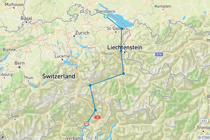 Karte von Bodensee - Lago Maggiore: Auf unbekannten Wegen über die Alpen (8 Tage)