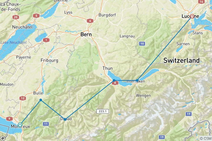 Carte du circuit Route des lacs : l'idylle alpine à l'état pur Vevey - Lucerne (7 jours)
