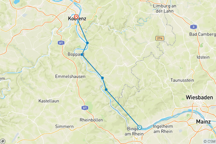 Carte du circuit Rheinsteig : Rüdesheim - Coblence (8 jours)