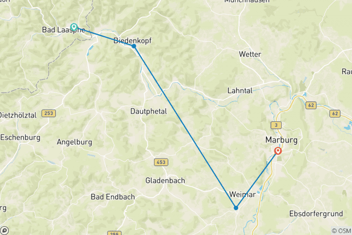 Carte du circuit 7 jours Sentier de randonnée de la Lahn, de la source de la Lahn à Niederwalgern (7 jours)
