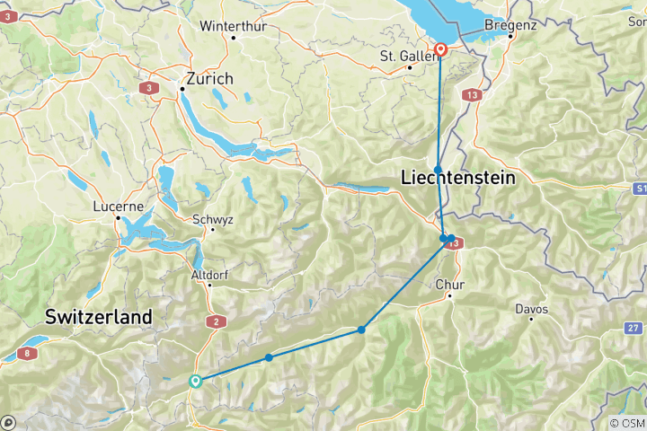 Carte du circuit Route du Rhin : Rhin antérieur & vallée du Rhin (7 jours)