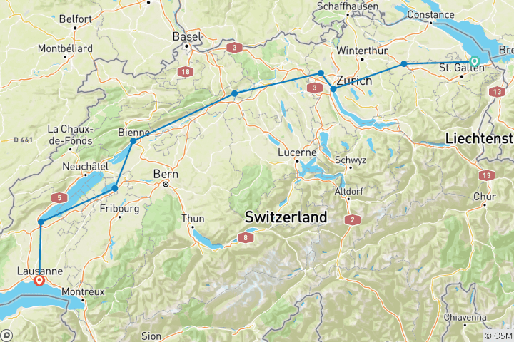 Karte von Mittelland-Route: Aare, Drei-Seen-Land & Genfersee 9 Tage (9 Tage)