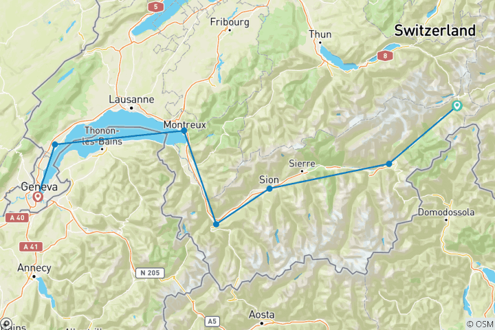 Karte von Rhone Route: Oberwald - Genf 8 Tage (8 Tage)