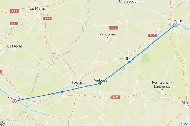 Carte du circuit La vallée de la Loire - D'Orléans à Saumur en vélo (6 jours)