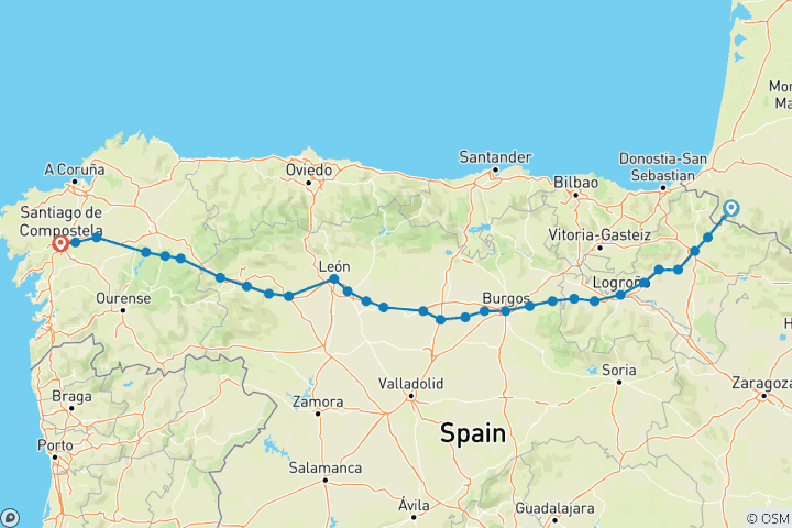 Map of Camino de Santiago - French Way: Total Distance St.Jean Santiago (36 days)