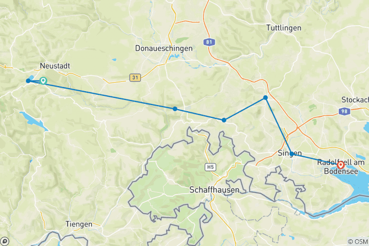 Map of On the Transverse Trail from Lake Titisee to Radolfzell - 8 days