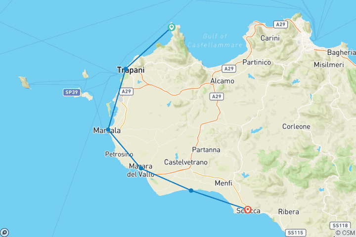 Carte du circuit Sicile individuelle - Traversée de la Sicile occidentale à vélo (8 jours)