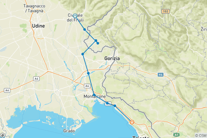 Karte von Italien - Wanderreise Alpe Adria - von Cividale nach Triest (8 Tage)
