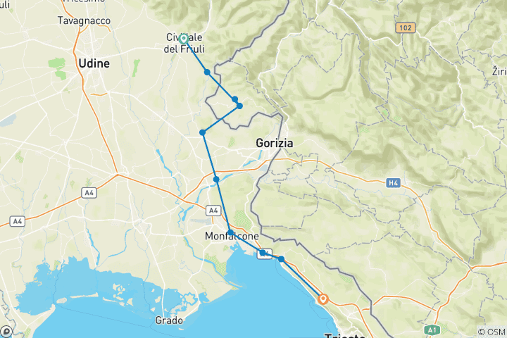 Kaart van Italië - Wandelreis Alpe Adria - van Cividale naar Triëst (8 dagen)