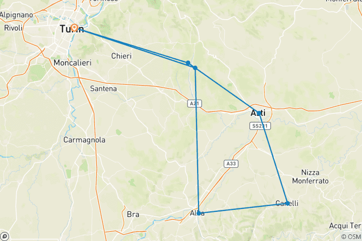 Carte du circuit Piémont pour les gourmets - truffes, vin et chocolat (8 jours)