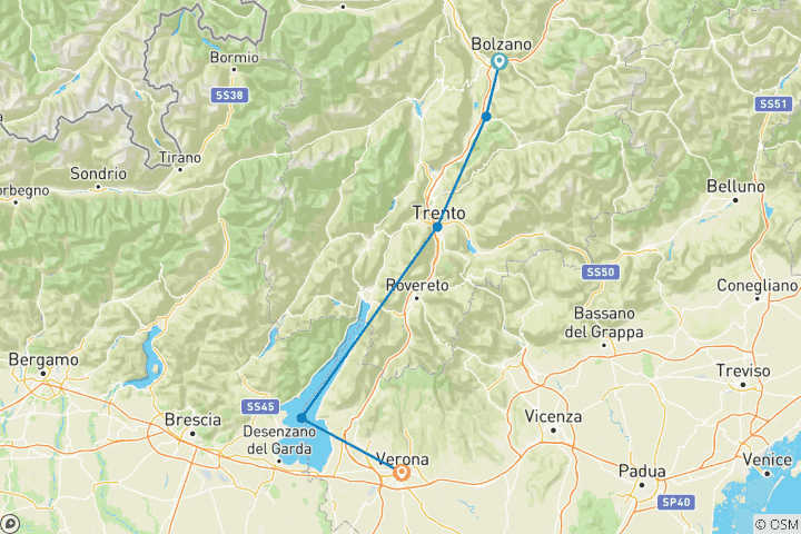 Kaart van Adige Fietspad: Bolzano - Verona - Langs de Adige naar Romeo & Julia (7 dagen)
