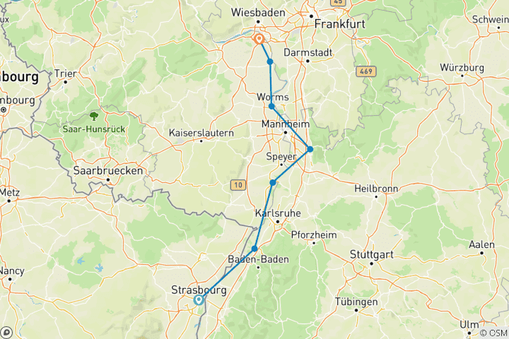Carte du circuit Véloroute du Rhin III : Strasbourg - Mayence (8 jours)