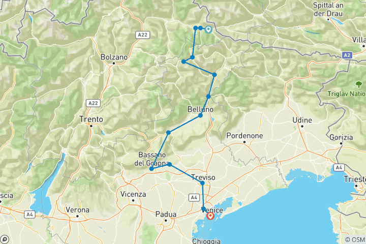 Kaart van Italië - van de Dolomieten naar Venetië over de sporen van de Dolomieten-spoorweg (8 dagen)