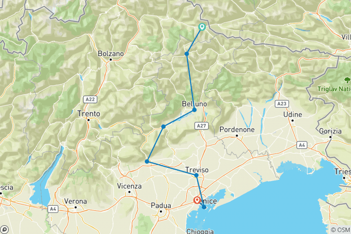 Karte von Italien - von den Dolomiten nach Venedig auf den Spuren der Dolomitenbahn (8 Tage)