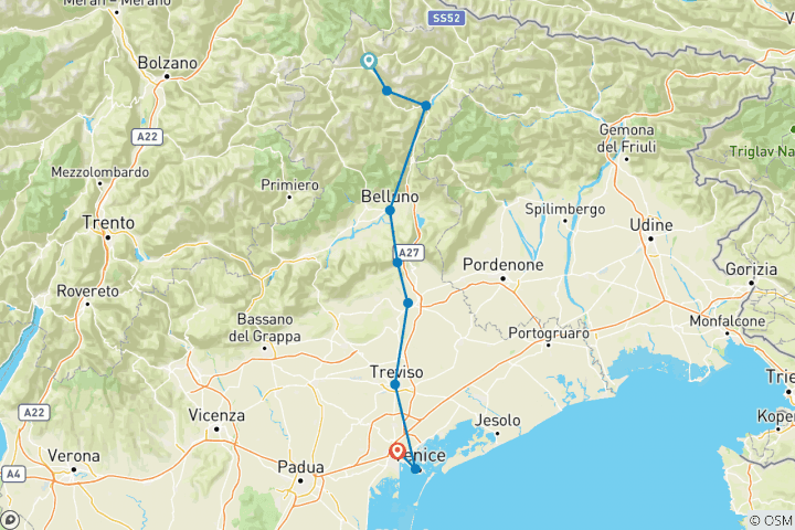 Karte von Italien - Von Cortina nach Venedig durch die Prosecco-Region (8 Tage)