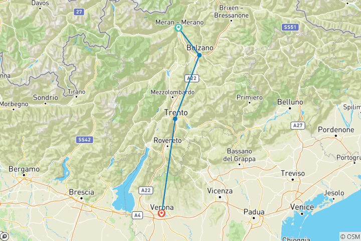 Kaart van Adige fietspad: Reschenmeer - Verona in 8 dagen (8 dagen)