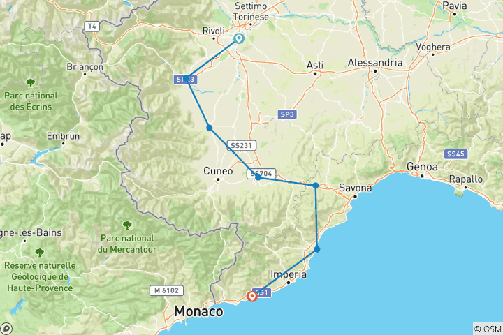 Karte von Turin - Sanremo: Vom Alpenpanorama an die Blumenriviera (8 Tage)