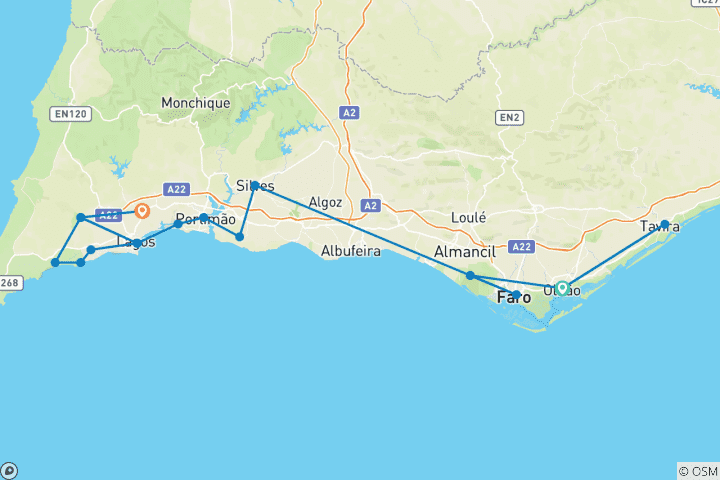 Carte du circuit Cyclotourisme en étoile Est & Ouest dans des hôtels spa à Olhão & Lagos (8 jours)