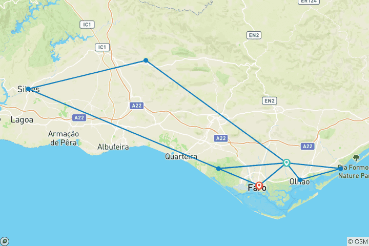 Carte du circuit Cyclotourisme en étoile Est & Ouest dans des hôtels spa à Olhão & Lagos (8 jours)