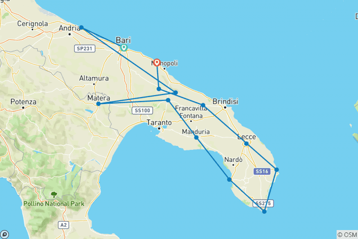 Kaart van Grote rondreis door Puglia – 15 dagen