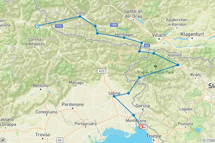 Karte von Radreise von den Dolomiten nach Triest (8 Tage)